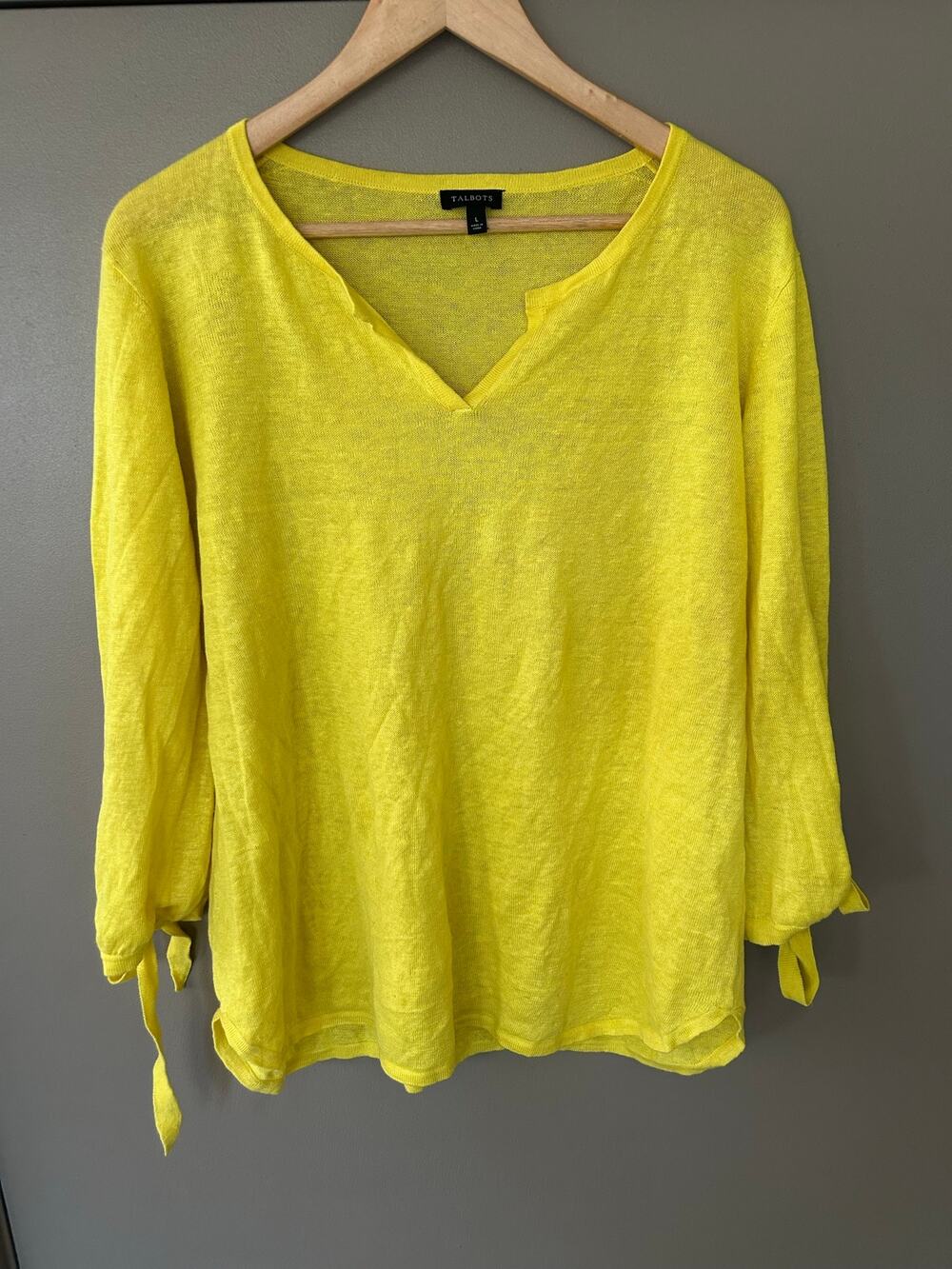 Talbots 100% Linen Hamptons Sweater Yellow V-Neck Tie Sleeve Tunic Top vibrant